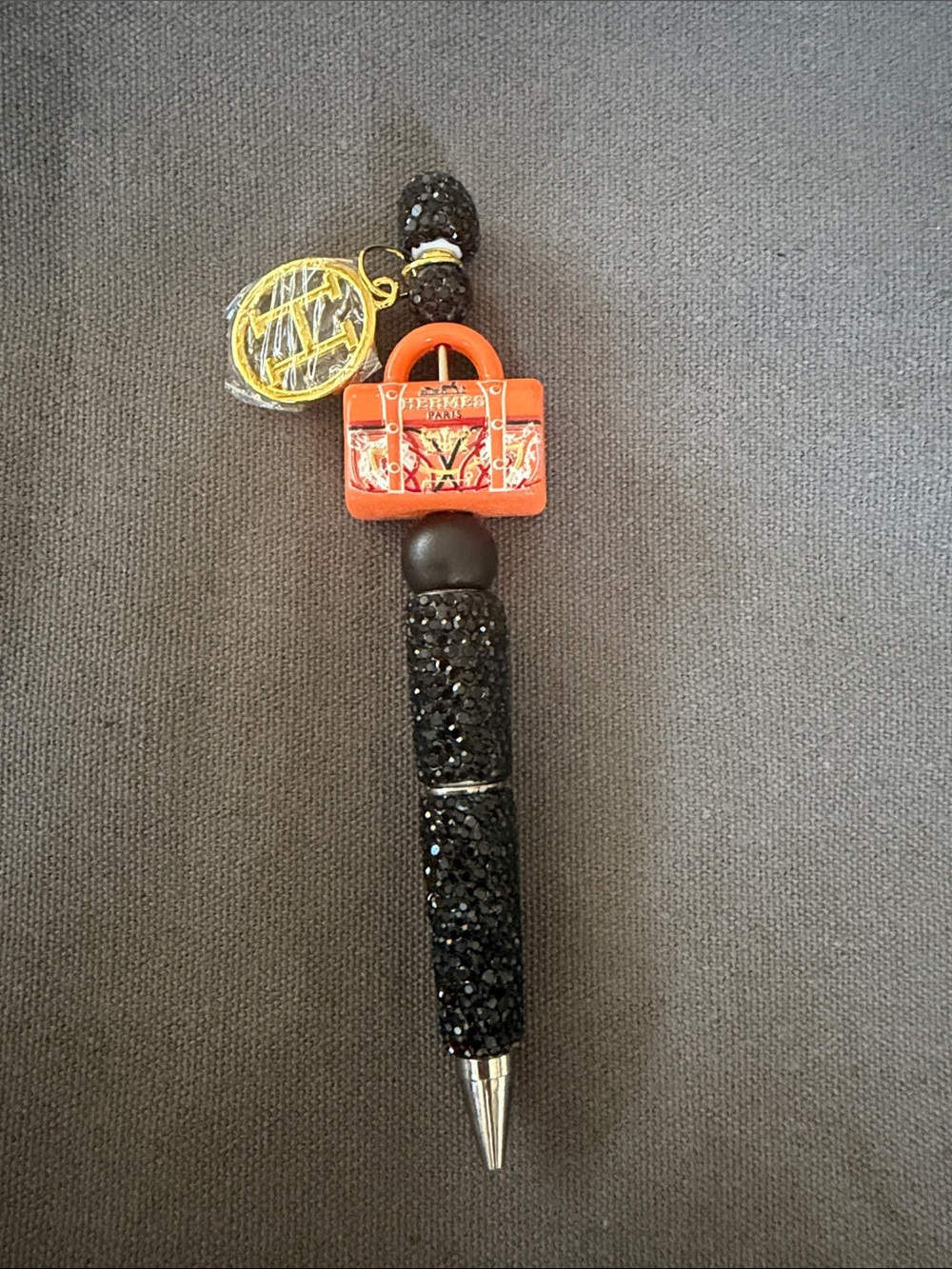 Handcrafted Orange and Black Beaded Bag Charm Pen
